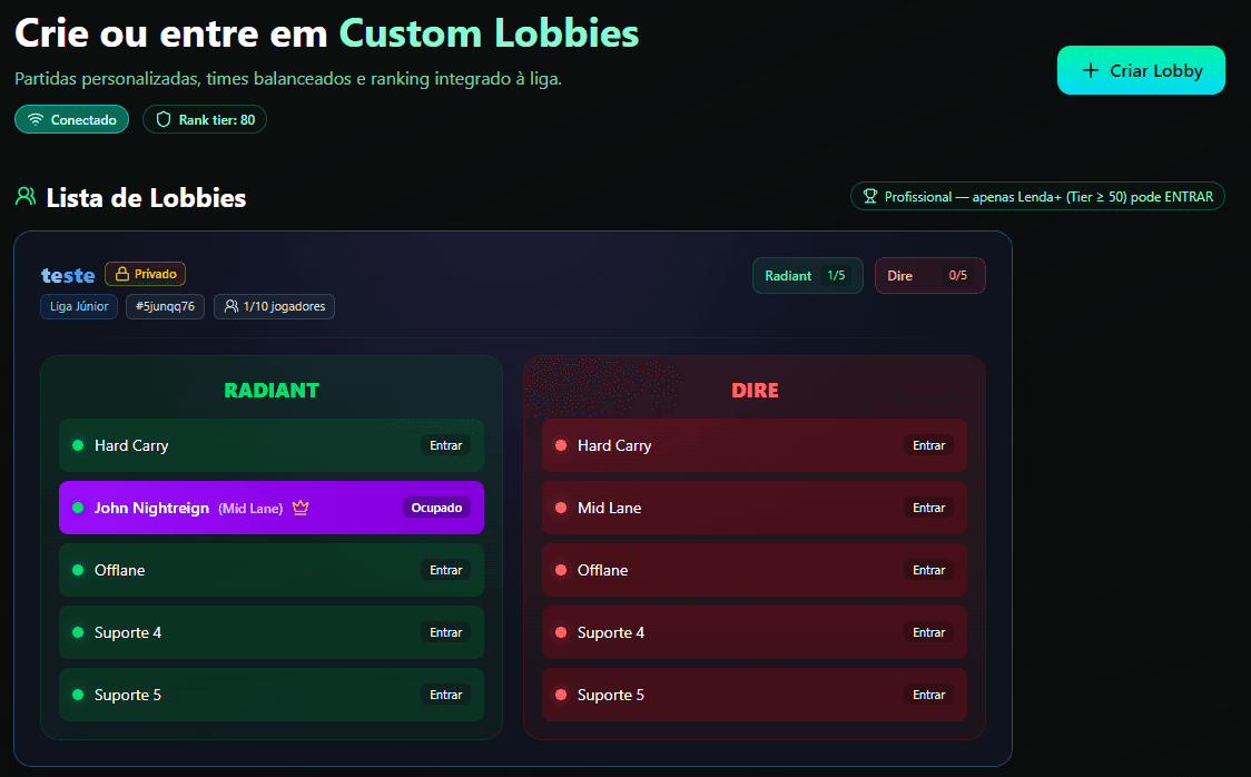 Criar ou entrar em um lobby